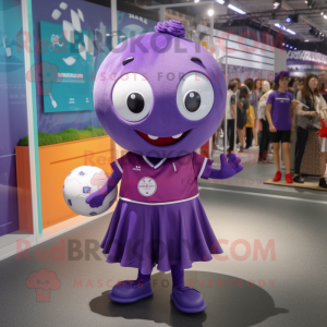 Purple Soccer Ball mascot costume character dressed with a Skirt and Tie pins