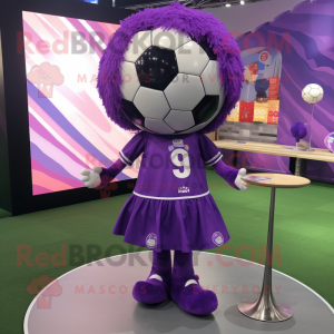 Purple Soccer Ball mascot costume character dressed with a Skirt and Tie pins