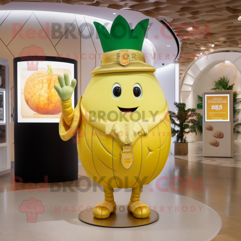 Gold Melon mascot costume character dressed with a Coat and Smartwatches