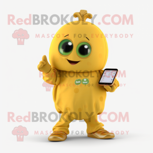 Gold Melon mascot costume character dressed with a Coat and Smartwatches