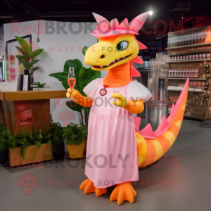 Peach Dragon mascot costume character dressed with a Cocktail Dress and Caps