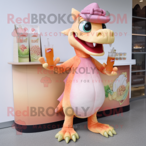 Peach Dragon mascot costume character dressed with a Cocktail Dress and Caps