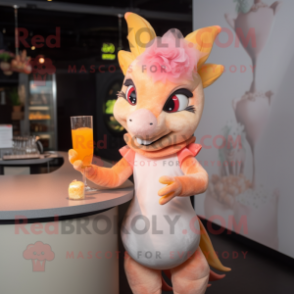 Peach Dragon mascot costume character dressed with a Cocktail Dress and Caps