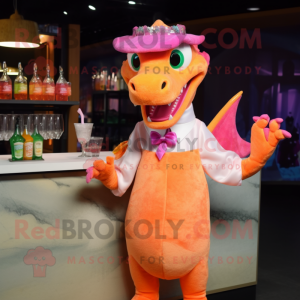 Peach Dragon mascot costume character dressed with a Cocktail Dress and Caps