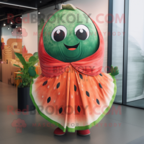 Rust Watermelon mascot costume character dressed with a Maxi Skirt and Scarves