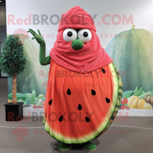 Rust Watermelon mascot costume character dressed with a Maxi Skirt and Scarves