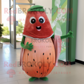 Rust Watermelon mascot costume character dressed with a Maxi Skirt and Scarves