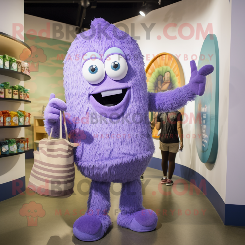 Lavender Spaghetti mascot costume character dressed with a Bodysuit and Messenger bags Lavender Spaghetti mascot costume character dressed with a Bodysuit and Messenger bags