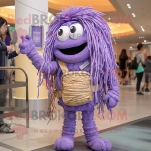 Lavender Spaghetti mascot costume character dressed with a Bodysuit and Messenger bags