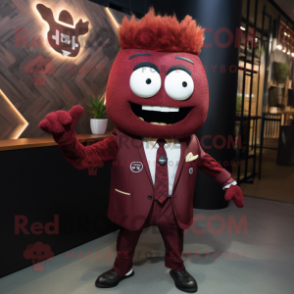 Maroon Pendant mascot costume character dressed with a Blazer and Hairpins