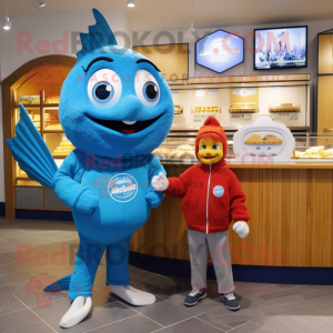 Blue Fish And Chips mascot costume character dressed with a Sweatshirt and Watches