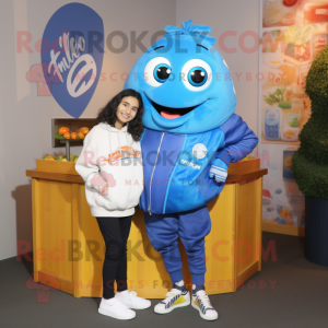 Blue Fish And Chips mascot costume character dressed with a Sweatshirt and Watches