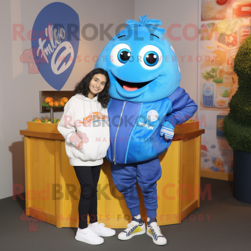 Blue Fish And Chips mascot costume character dressed with a Sweatshirt and Watches Blue Fish And Chips mascot costume character dressed with a Sweatshirt and Watches