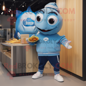 Blue Fish And Chips mascot costume character dressed with a Sweatshirt and Watches