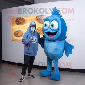 Blue Fish And Chips mascot costume character dressed with a Sweatshirt and Watches