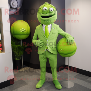 Lime Green Meatballs mascot costume character dressed with a Suit Pants and Pocket squares