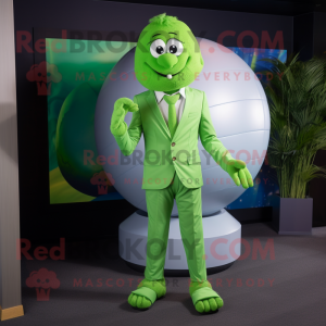 Lime Green Meatballs mascot costume character dressed with a Suit Pants and Pocket squares