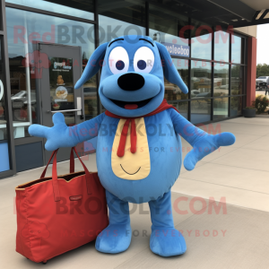 Blue Hot Dog mascot costume character dressed with a Corduroy Pants and Tote bags
