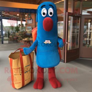 Blue Hot Dog mascot costume character dressed with a Corduroy Pants and Tote bags