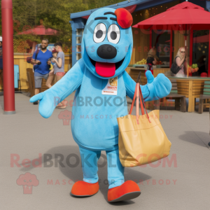 Blue Hot Dog mascot costume character dressed with a Corduroy Pants and Tote bags