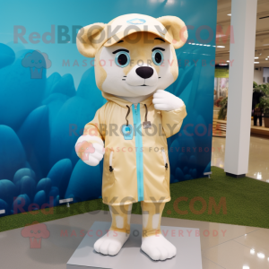 Cream Puma mascot costume character dressed with a Raincoat and Hairpins