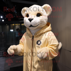 Cream Puma mascot costume character dressed with a Raincoat and Hairpins