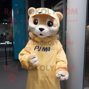 Cream Puma mascot costume character dressed with a Raincoat and Hairpins