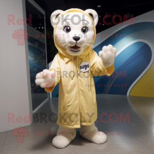 Cream Puma mascot costume character dressed with a Raincoat and Hairpins