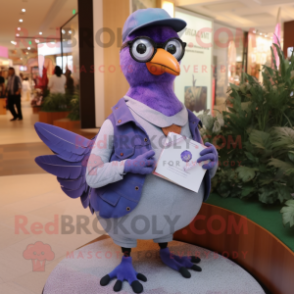 Lavender Passenger Pigeon mascot costume character dressed with a Bootcut Jeans and Reading glasses