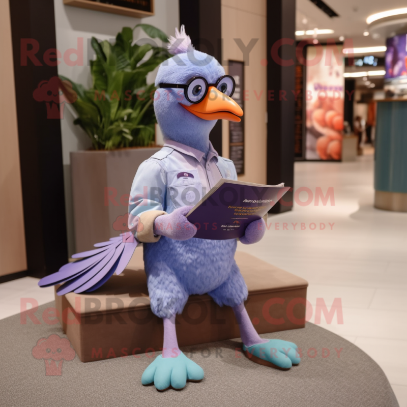 Lavender Passenger Pigeon mascot costume character dressed with a Bootcut Jeans and Reading glasses