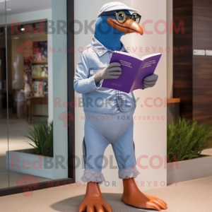 Lavender Passenger Pigeon mascot costume character dressed with a Bootcut Jeans and Reading glasses