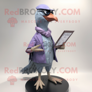 Lavender Passenger Pigeon mascot costume character dressed with a Bootcut Jeans and Reading glasses