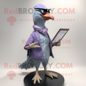 Lavender Passenger Pigeon mascot costume character dressed with a Bootcut Jeans and Reading glasses