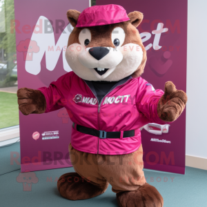 Magenta Beaver mascot costume character dressed with a Windbreaker and Belts