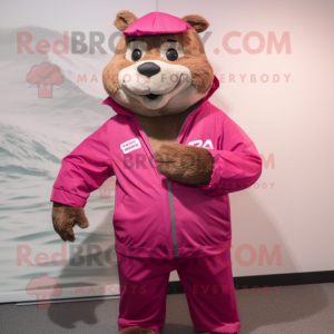 Magenta Beaver mascot costume character dressed with a Windbreaker and Belts