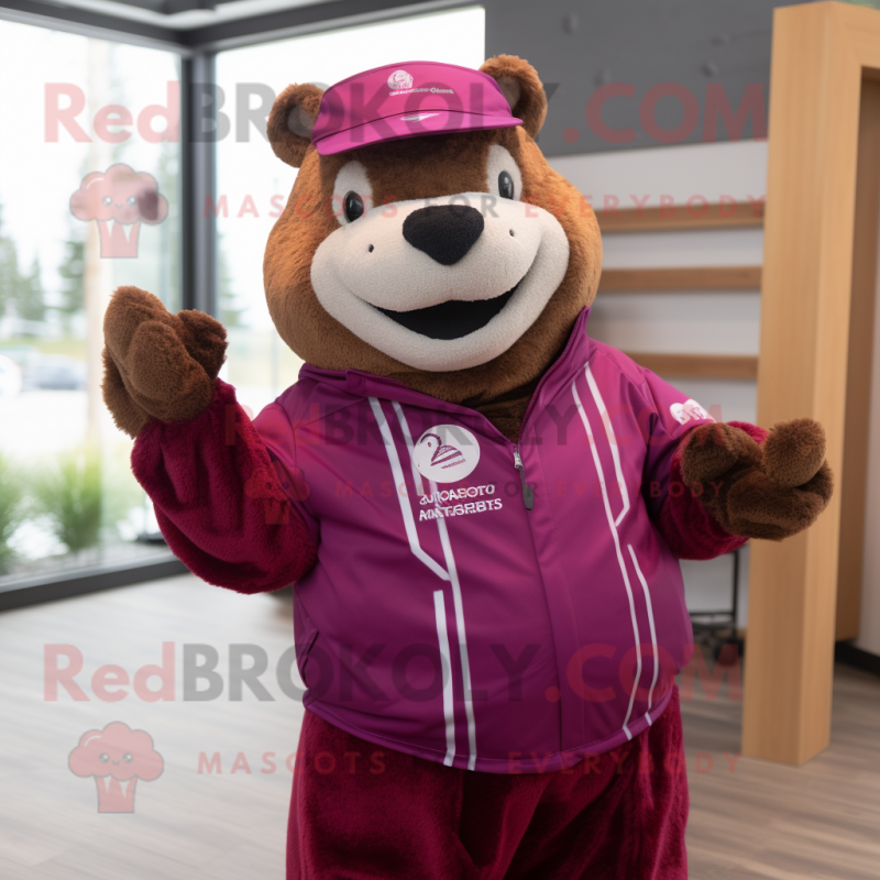 Magenta Beaver mascot costume character dressed with a Windbreaker and Belts