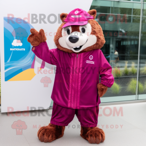 Magenta Beaver mascot costume character dressed with a Windbreaker and Belts