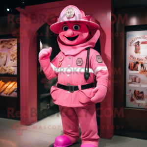 Pink Fire Fighter mascot costume character dressed with a Cover-up and Shoe laces