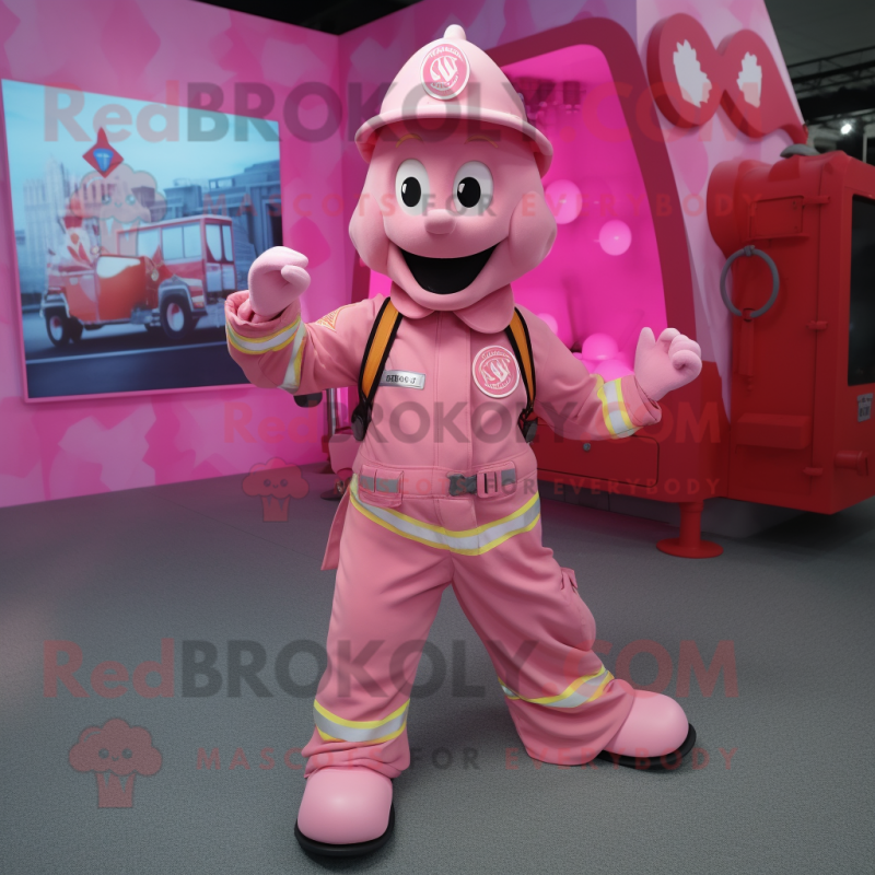 Pink Fire Fighter mascot costume character dressed with a Cover-up and Shoe laces Pink Fire Fighter mascot costume character dressed with a Cover-up and Shoe laces