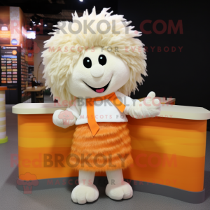 Cream Orange mascot costume character dressed with a Cardigan and Hair clips