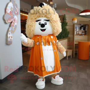 Cream Orange mascot costume character dressed with a Cardigan and Hair clips