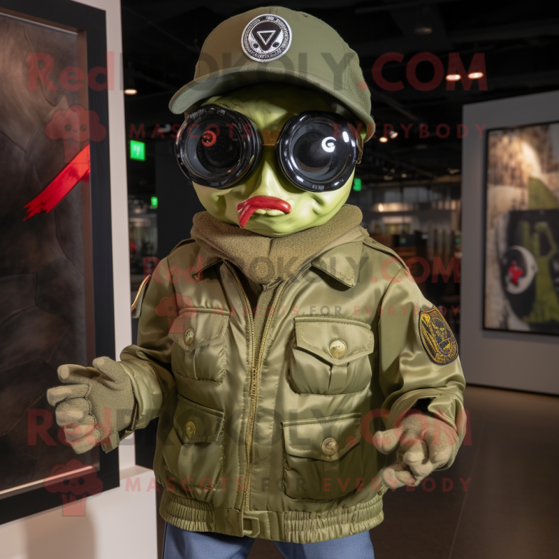 Olive Undead mascot costume character dressed with a Bomber Jacket and Eyeglasses Olive Undead mascot costume character dressed with a Bomber Jacket and Eyeglasses