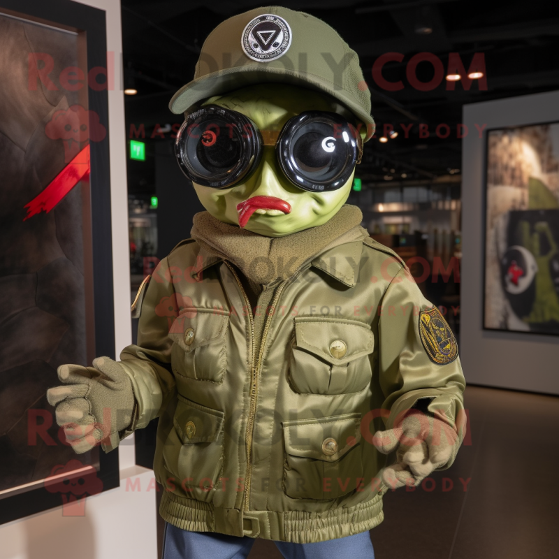 Olive Undead mascot costume character dressed with a Bomber Jacket and Eyeglasses