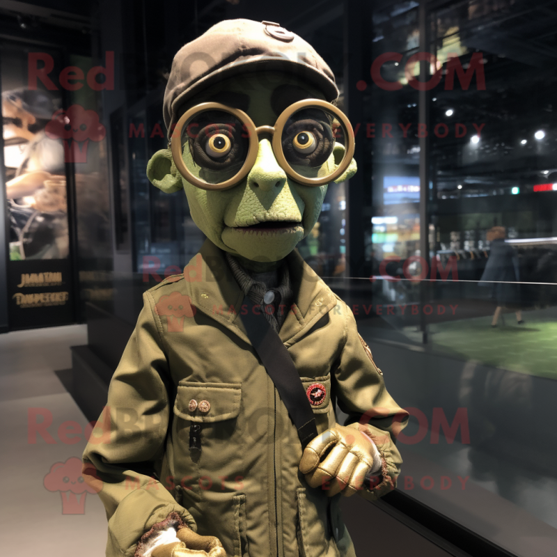 Olive Undead mascot costume character dressed with a Bomber Jacket and Eyeglasses Olive Undead mascot costume character dressed with a Bomber Jacket and Eyeglasses
