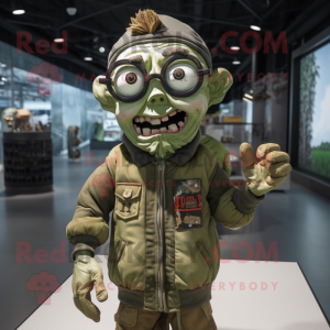 Olive Undead mascot costume character dressed with a Bomber Jacket and Eyeglasses