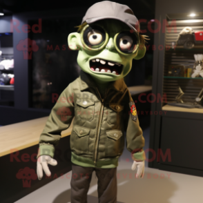 Olive Undead mascot costume character dressed with a Bomber Jacket and Eyeglasses