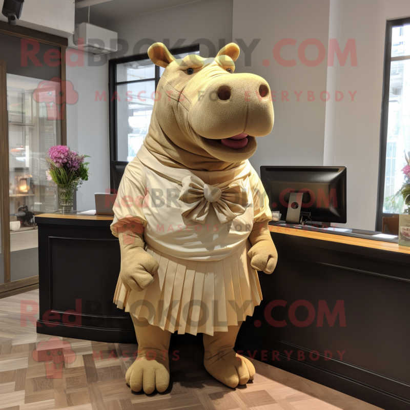 Tan Hippopotamus mascot costume character dressed with a Pleated Skirt and Bow ties