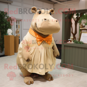 Tan Hippopotamus mascot costume character dressed with a Pleated Skirt and Bow ties