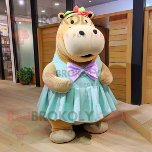 Tan Hippopotamus mascot costume character dressed with a Pleated Skirt and Bow ties