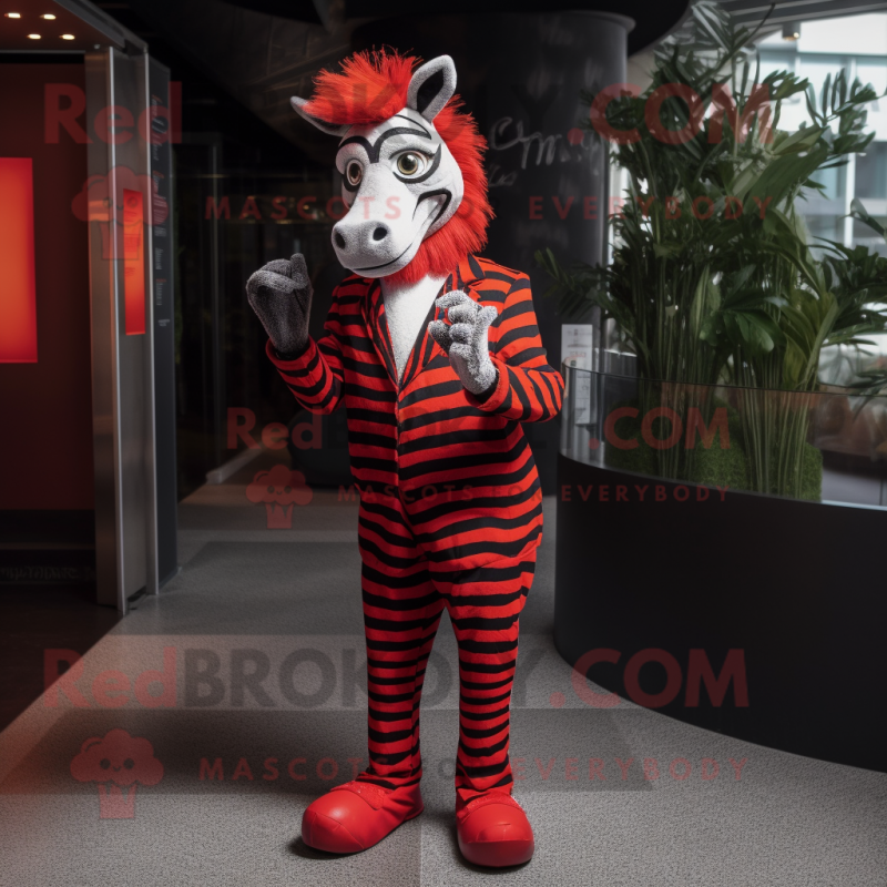 Red Zebra mascot costume character dressed with a Suit Jacket and Anklets